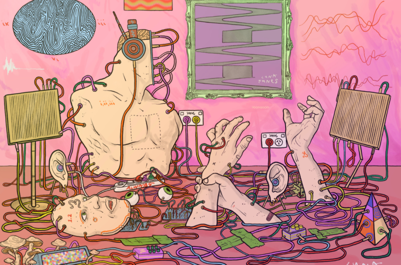 Brightly coloured illustration of a jumble of wires and human body parts on the floor of a room.